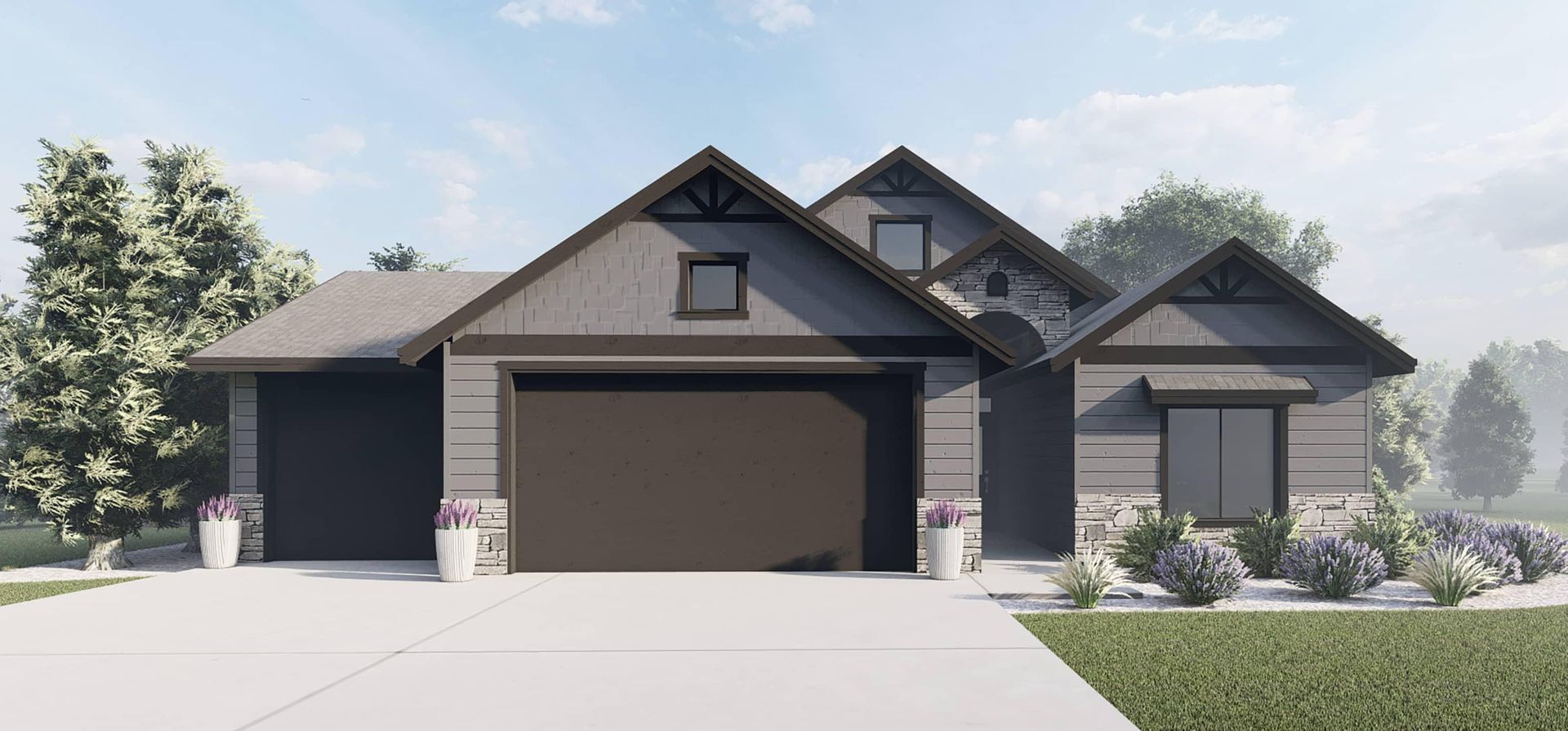 A rendering of a house with a garage and a driveway.