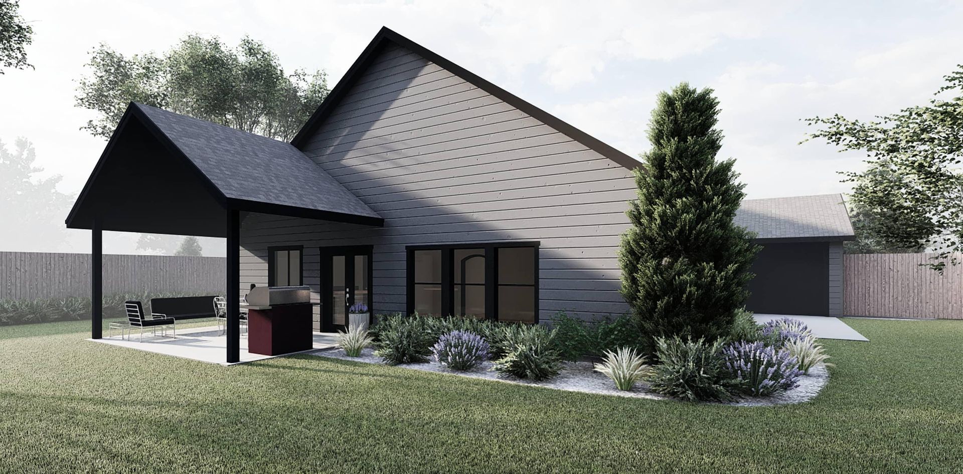 An artist 's impression of a house with a covered porch.