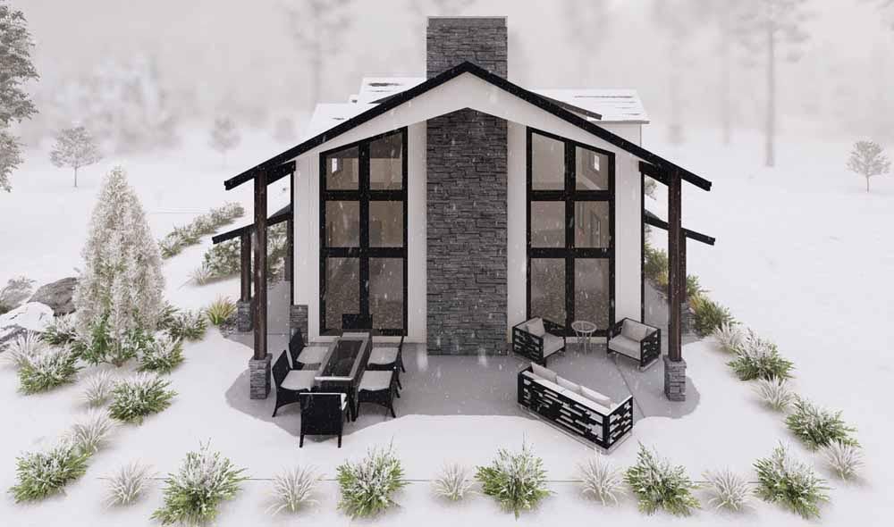 A black and white house with a patio in the snow.