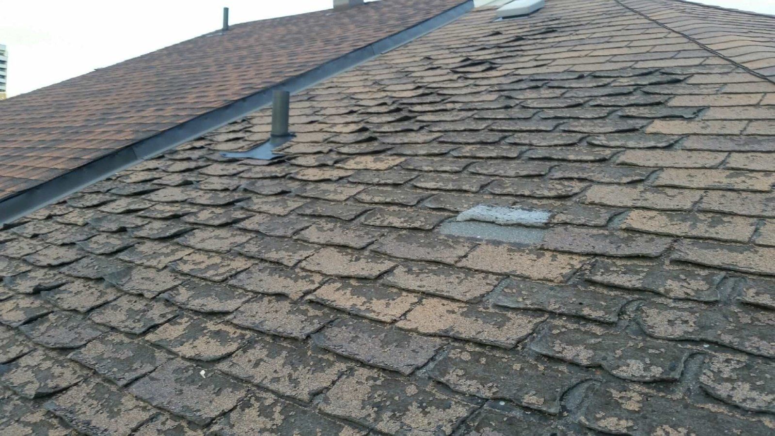 roof with very worn asphalt shingles