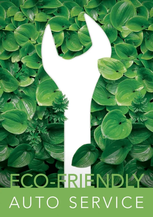 White wrench silhouette over green leafy background with text