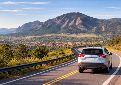 Silver SUV driving on a winding road in Boulder, CO on a sunny day.