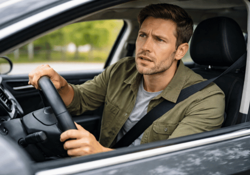 Driver focused while listening for unusual car noises inside vehicle