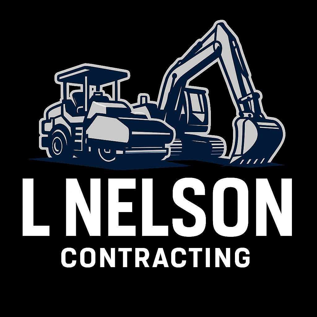 Logo for L Nelson Contracting: excavator and bulldozer in gray and dark blue on a black background.