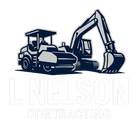 Logo for L Nelson Contracting, featuring a backhoe and excavator in shades of gray and blue.