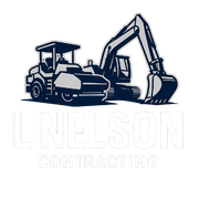 Logo for L Nelson Contracting, featuring a backhoe and excavator in shades of gray and blue.