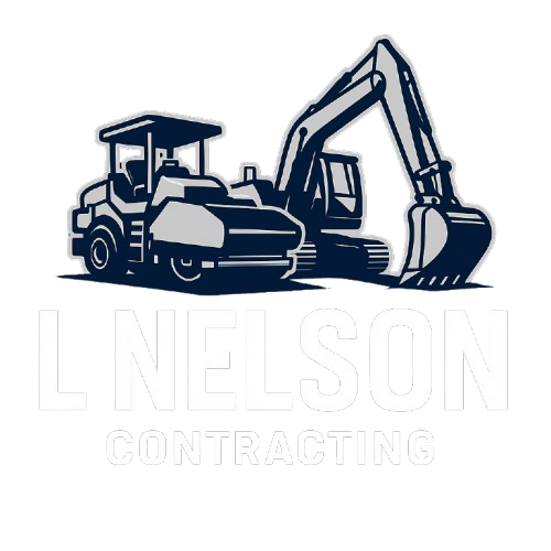 Logo for L Nelson Contracting, featuring a backhoe and excavator in shades of gray and blue.
