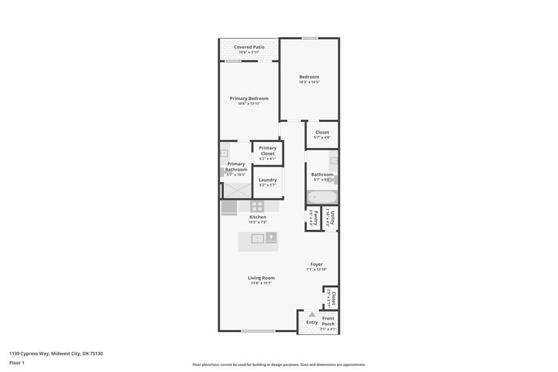 Black-and-white floor plan with labeled rooms and measurements, showing a long narrow layout.