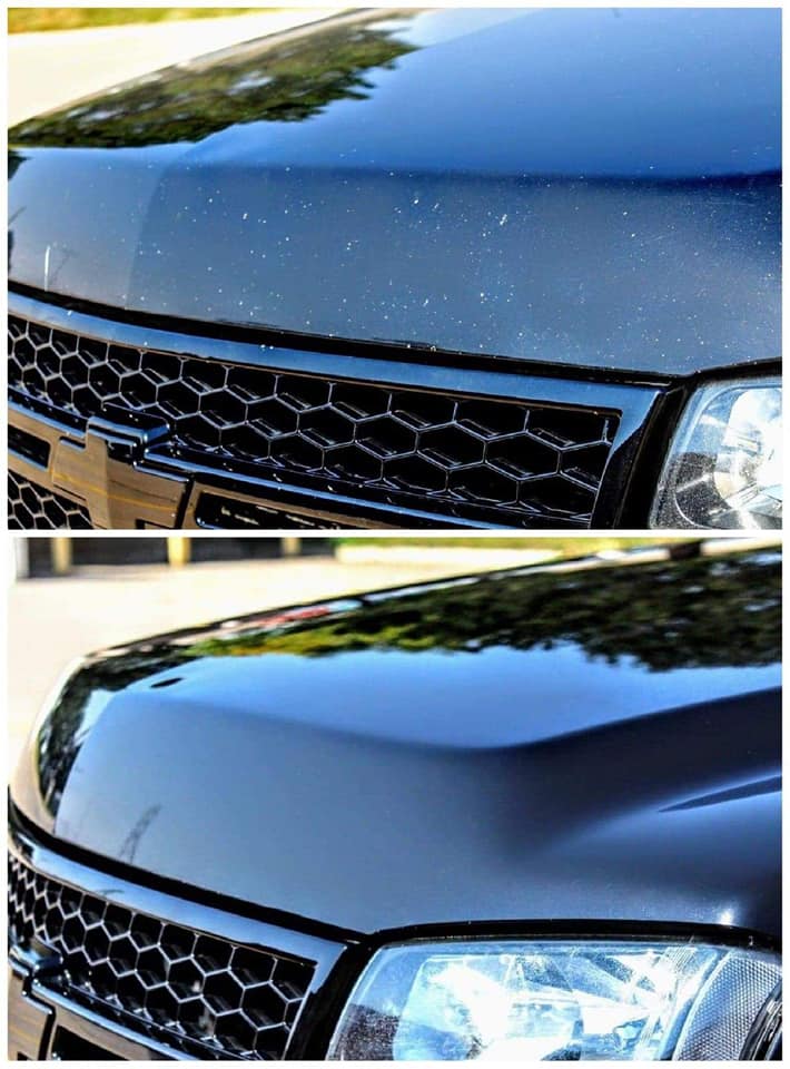 a before and after picture of a black truck with a rock chip hood .