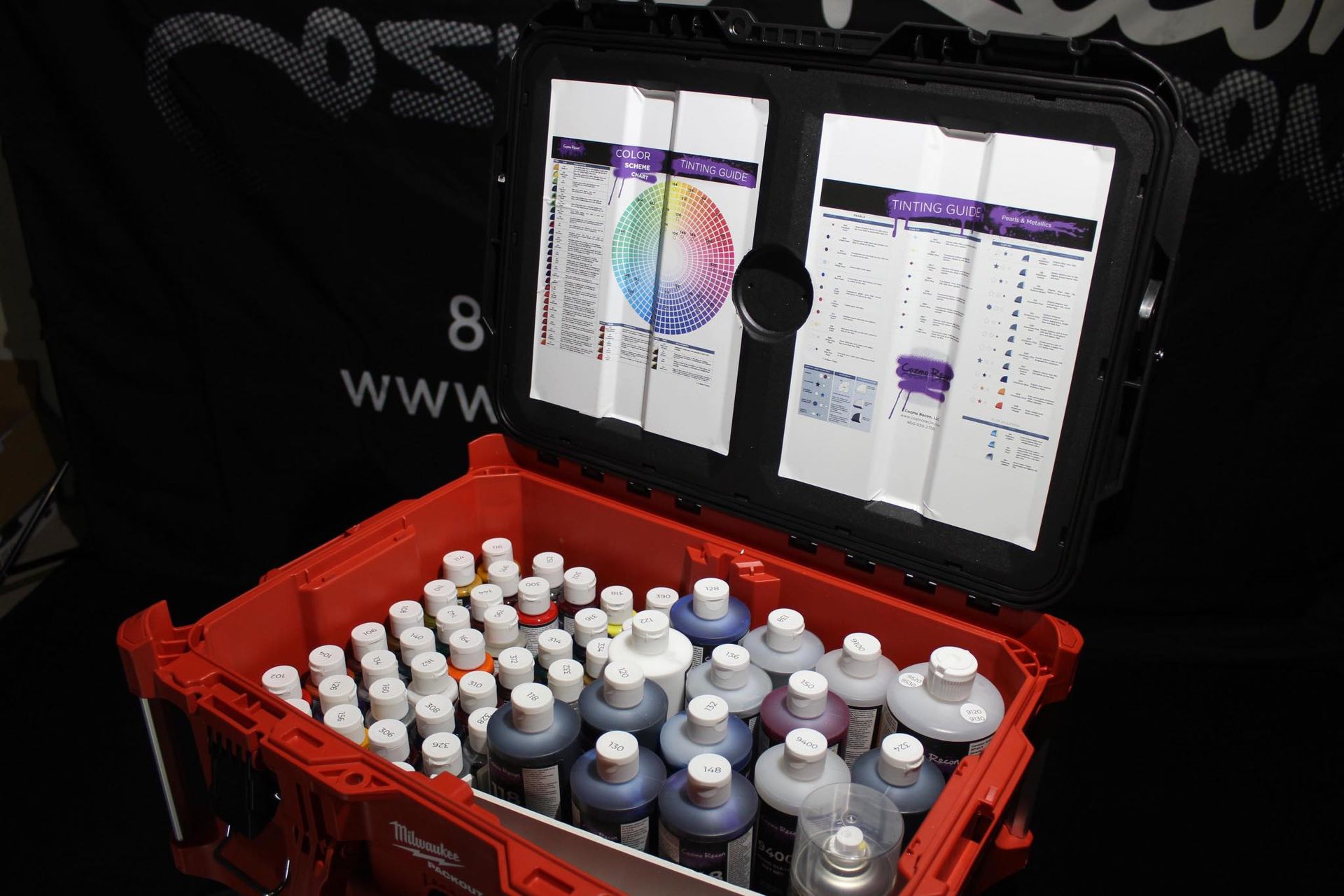 a box full of a automotive paint bank used for automotive touch up .