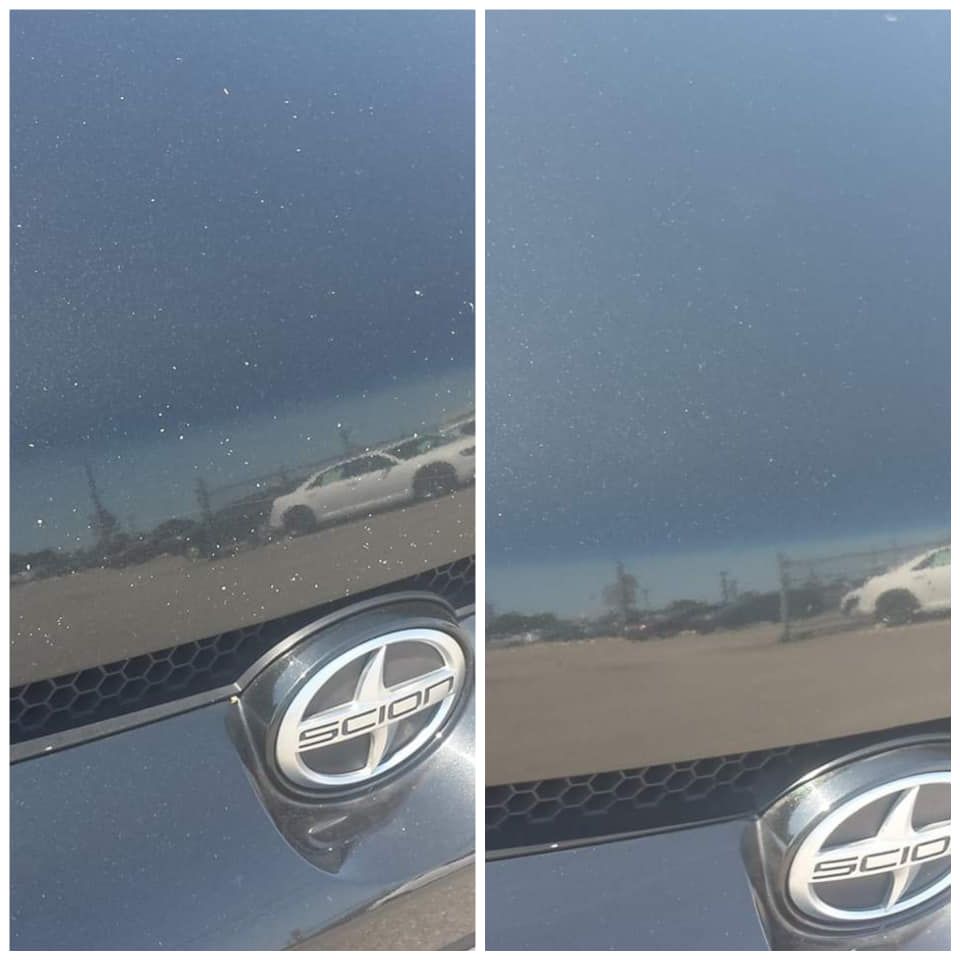 a before and after picture of a scion car with rock chips on the hood .