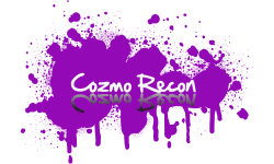 A purple splash with the words cozmo recon on it