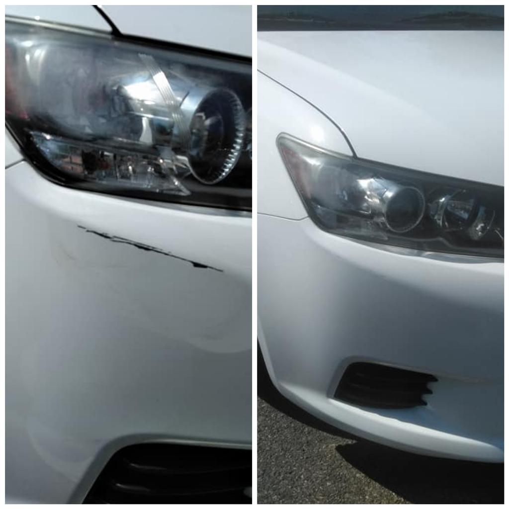 a before and after white car with a scratch on the bumper .