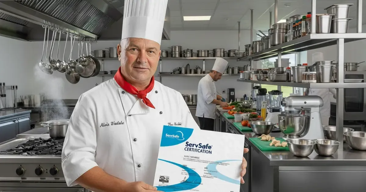Chef holding a ServSafe certificate in a commercial kitchen with a colleague cooking in the background.