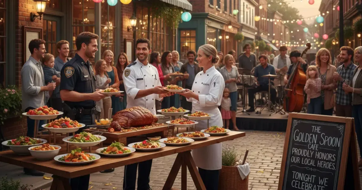 Chefs serving food at a community event; crowd watches. Street food table with a roasted ham and plates of food.