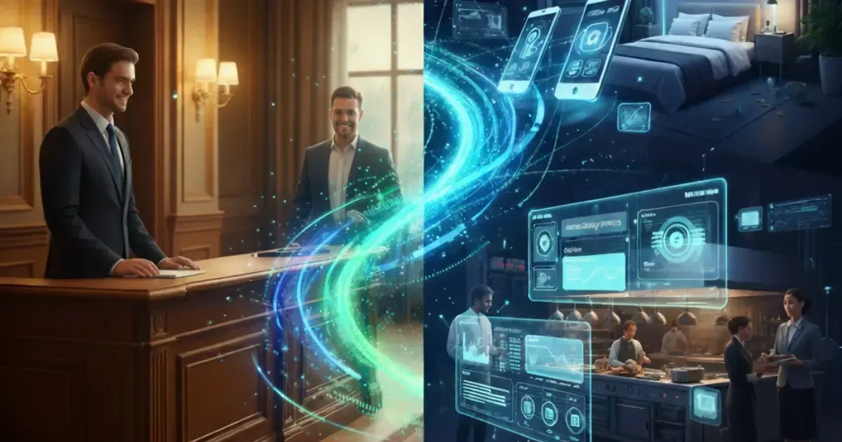 Two men at a hotel desk transitioning to a smart hotel room.