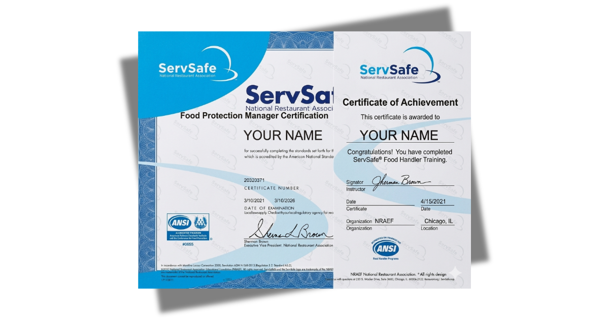 Two ServSafe food safety training certificates displayed side-by-side on a white background.
