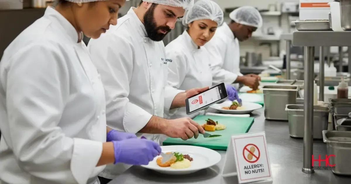 Chefs in white coats and hairnets plating food in a commercial kitchen, one using a tablet.