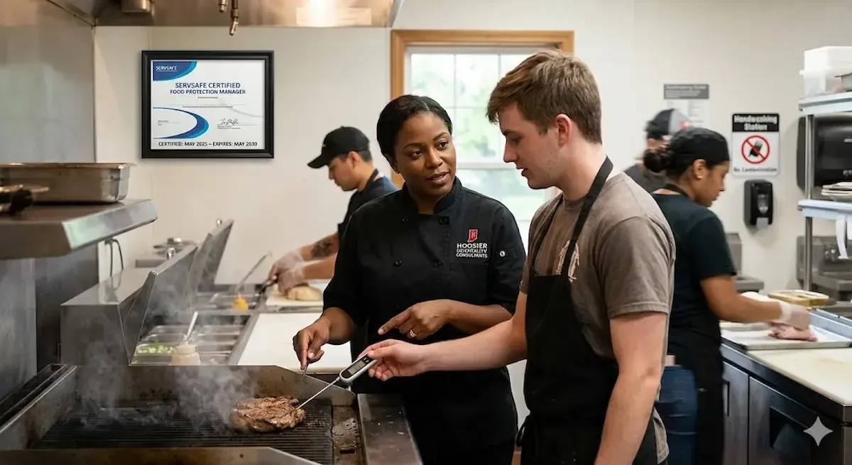 Two people talking beside a steaming grill in a busy restaurant kitchen