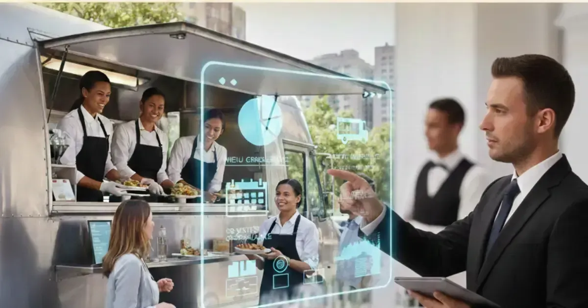 Man in suit using a holographic interface to analyze food truck operations. Several staff and a customer are present.