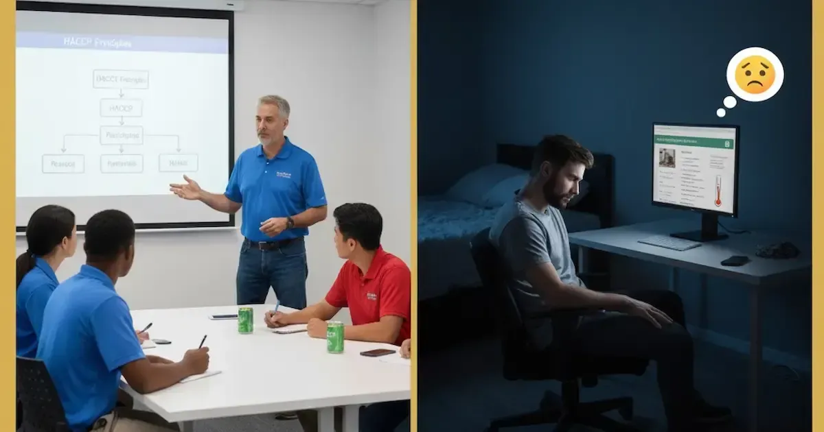 A man presents a diagram to students in a classroom, another man works on a computer at night with a sad expression.