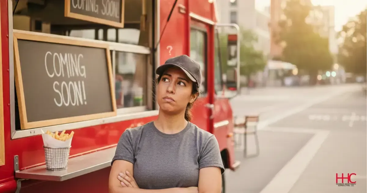 Woman with arms crossed, in front of a red food truck with a