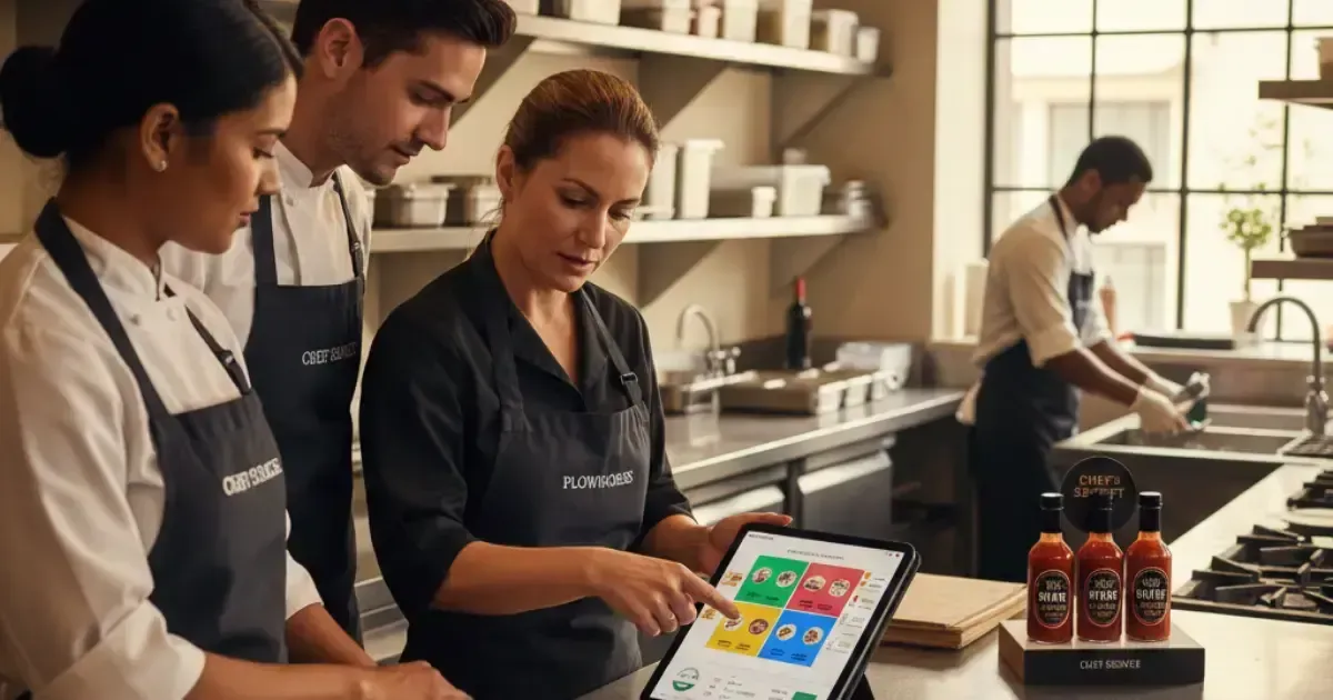 Chefs in a kitchen viewing a tablet, pointing. Display of hot sauces. Brightly lit, stainless steel.
