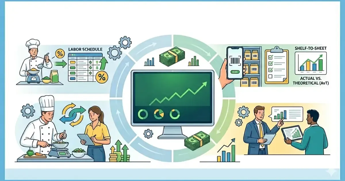 Workflow showing restaurant operations and financial growth, with chefs, data, and money.