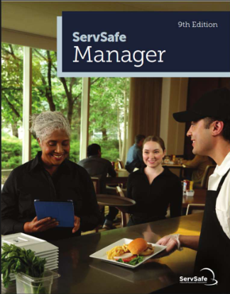 ServSafe Manager 9th Edition book cover with people in a restaurant setting. Server presents a plate of food to a customer.