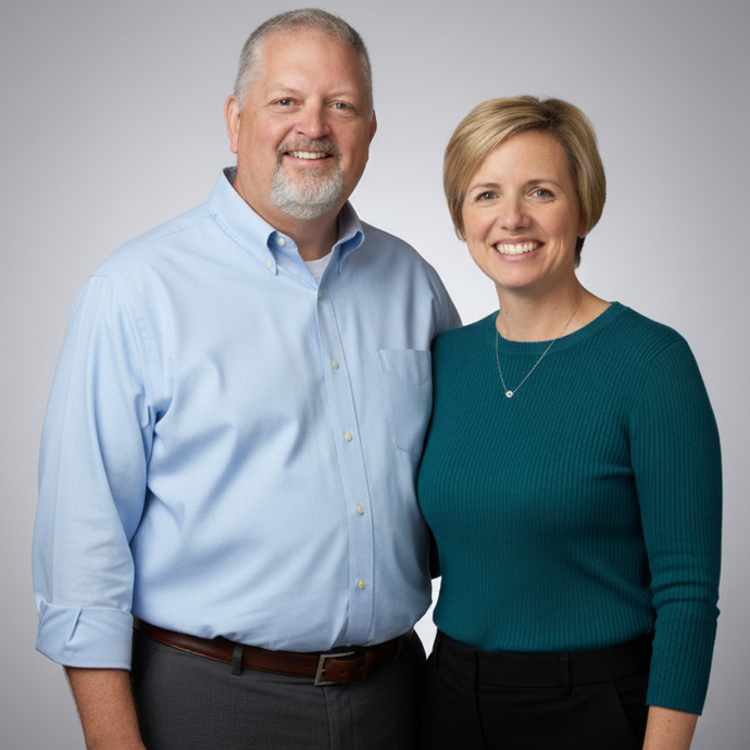 Selfie of a smiling couple, Erin and Don Vita indoors.