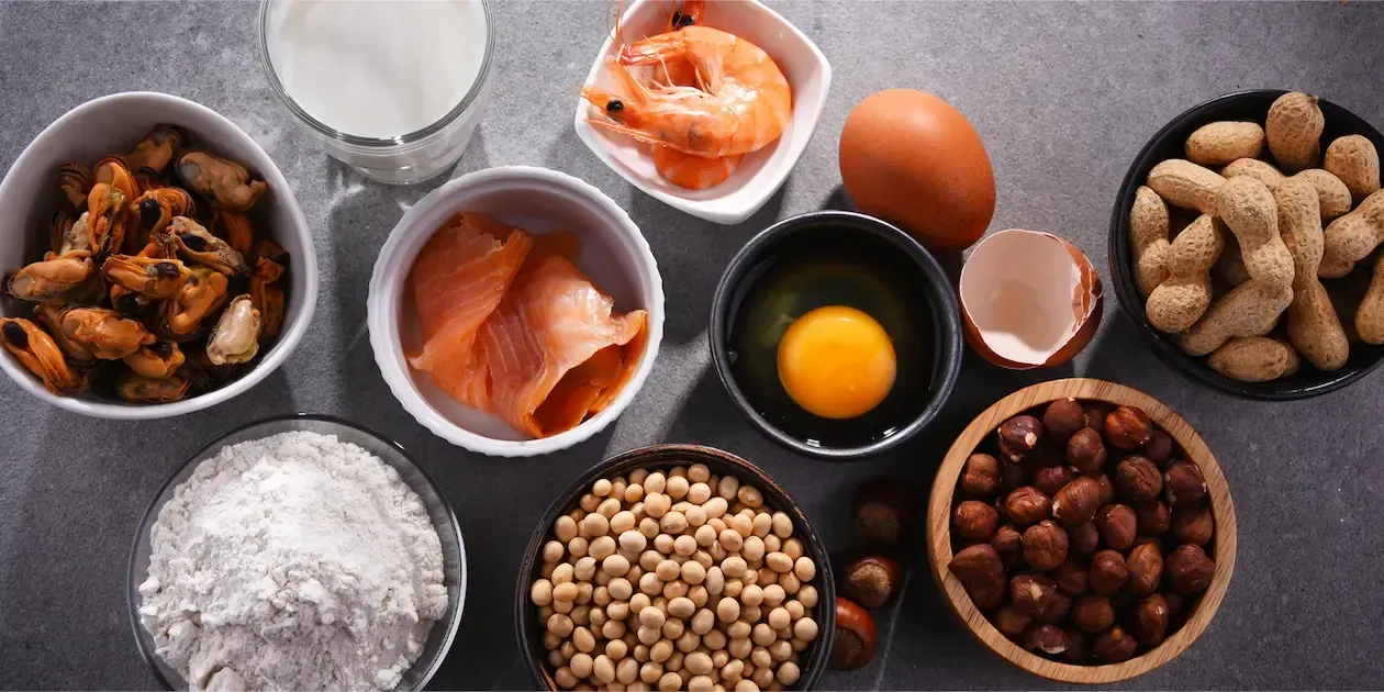 ServSafe Allergens overhead view of the eight major food allergens in bowls.