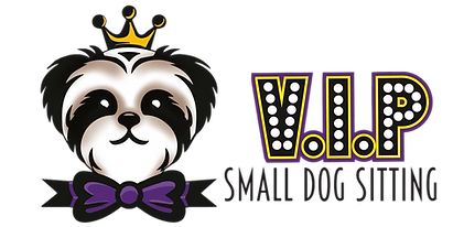 Logo for VIP Small Dog Sitting with a crowned black-and-white dog and purple bow tie