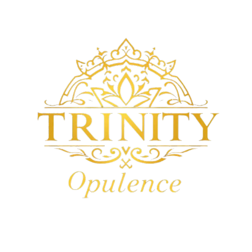 Gold decorative “TRINITY Opulence” logo with ornate crown-like filigree on a white background