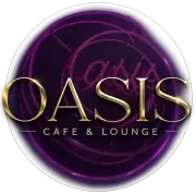 Oasis Cafe & Lounge logo in gold on a purple circular background
