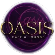 Oasis Cafe & Lounge logo in gold on a purple circular background