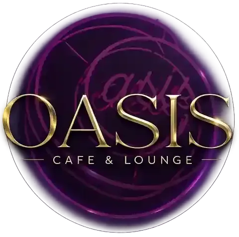 Oasis Cafe & Lounge logo in gold on a purple circular background