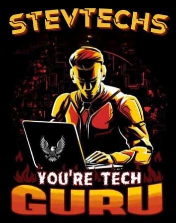 Stylized tech logo with a person at a laptop and the text “STEVTECHS YOU’RE TECH GURU”