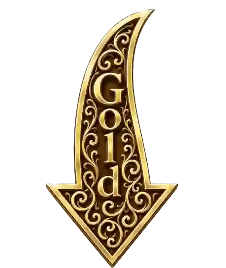 Gold ornate downward arrow with the word “Gold” inside
