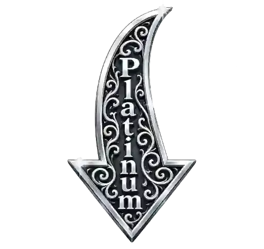 Black-and-silver downward arrow with the word “Platinum” in ornate vertical lettering