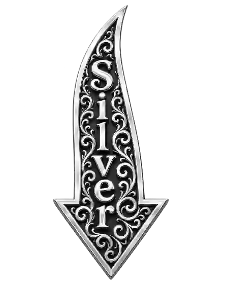 Silver vertical arrow with ornate scrollwork and the word “Silver” spelled down the center