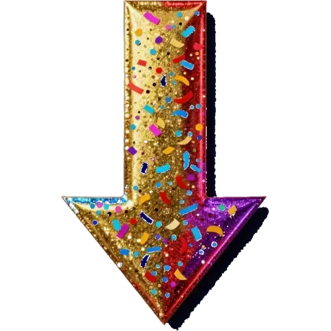 Sparkling gold downward arrow with colorful confetti accents on a white background