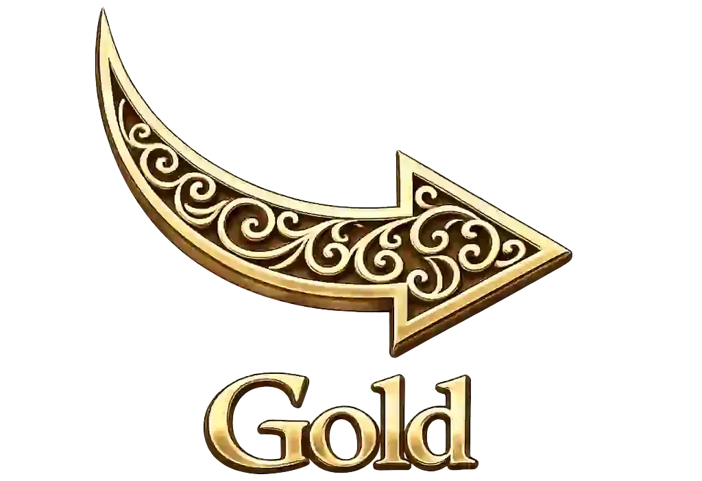 Gold decorative arrow logo with the word “Gold” beneath it