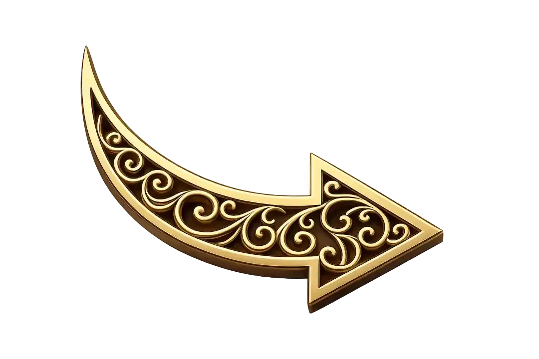 Ornate gold decorative arrow curving to the right on a white background
