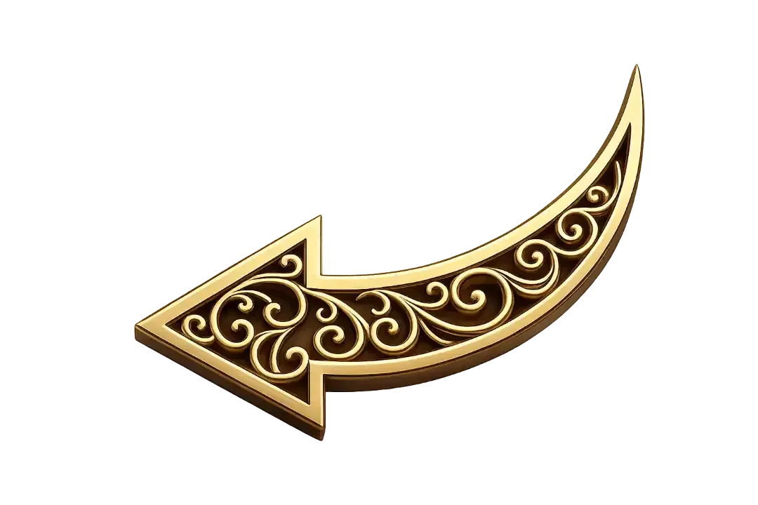 Gold ornamental curved arrow pointing left with brown filigree details