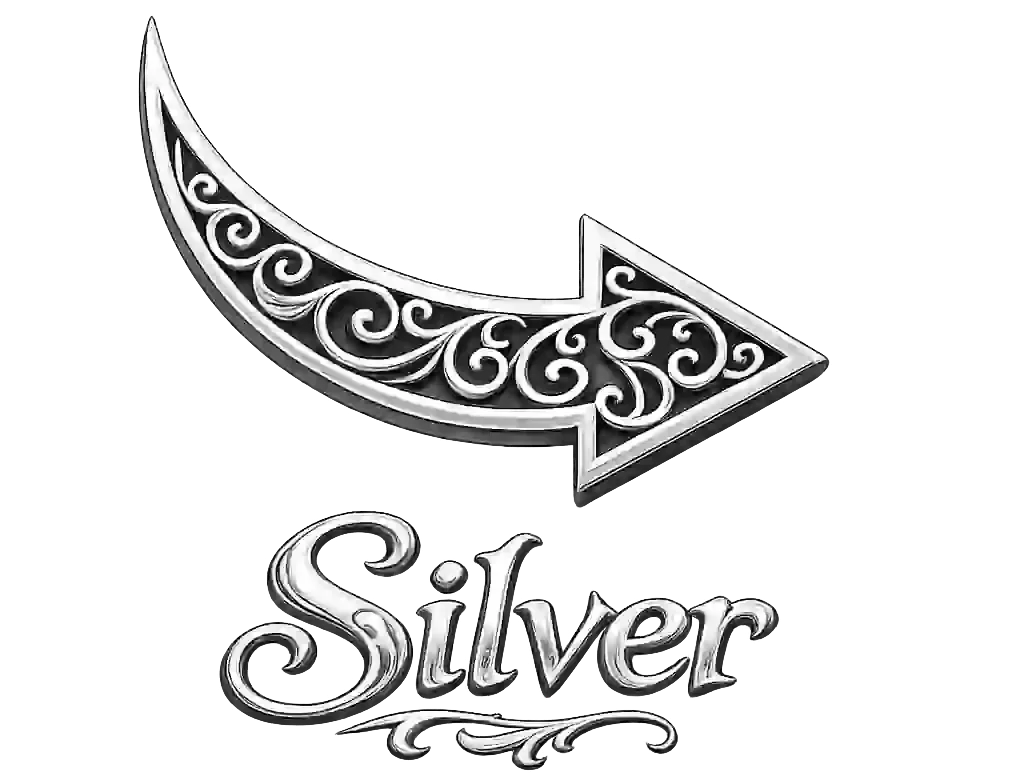 Decorative silver arrow logo with ornate swirls above the word “Silver”