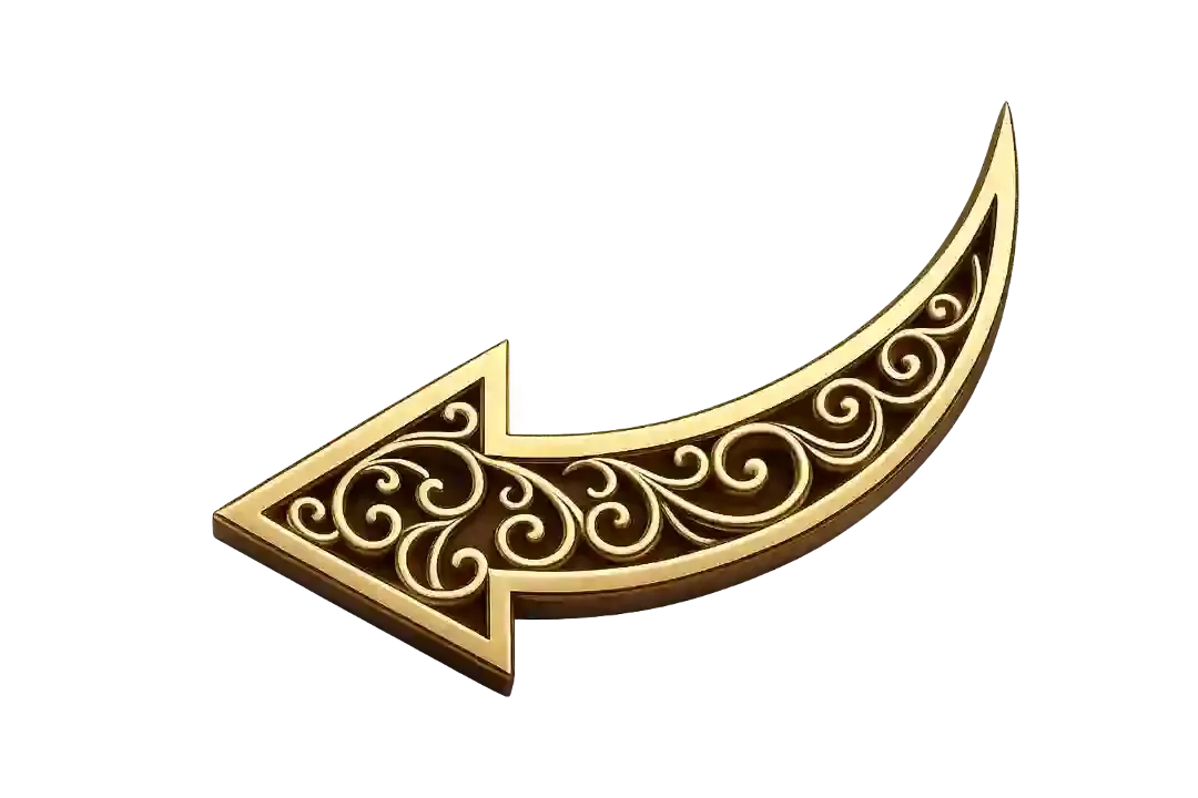Ornate gold and brown curved arrow pointing left with decorative swirls