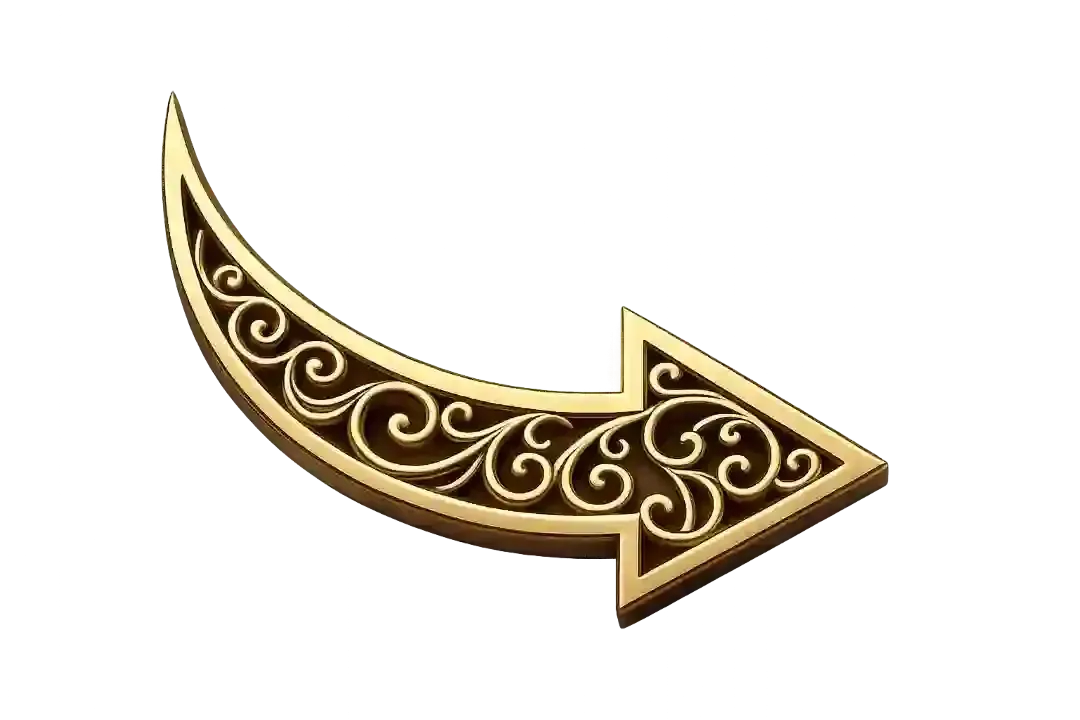 Ornate gold decorative arrow curving to the right on a white background