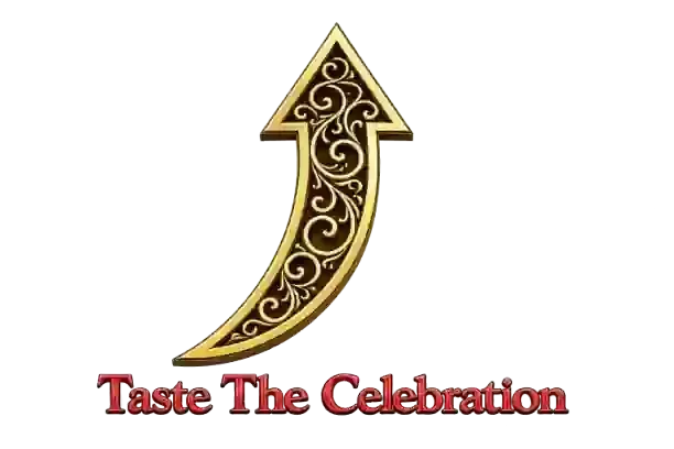 Gold ornate upward arrow above red text reading “Taste The Celebration”