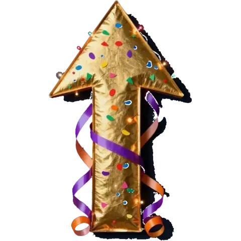 Gold glitter upward arrow with colorful confetti and curling purple-orange ribbons