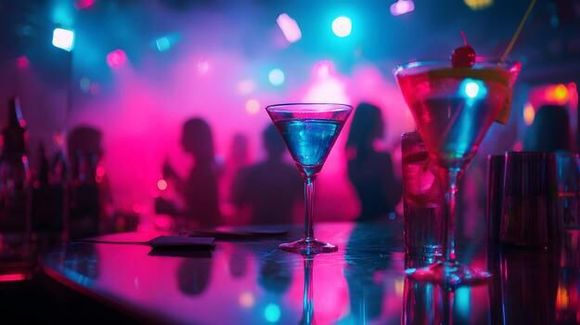 Cocktail glasses on a neon-lit bar with pink and blue nightclub lights